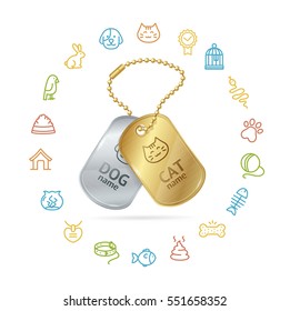 Pet Shop Concept with Icon Set and Animal Tags or Medallion for Web Design Your Business. Vector illustration
