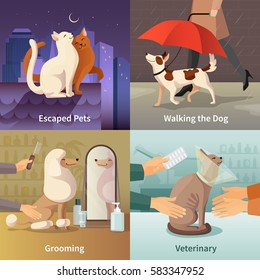 Pet shop concept icons set with grooming symbols flat isolated vector illustration 