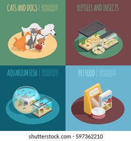 Pet shop concept isometric icons set with pet food symbols isolated vector illustration