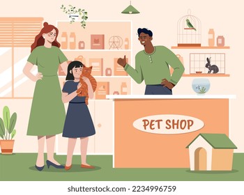 Pet shop concept. Mother and daughter came with cat to buy him food, toys and medicine. Owners with pet, love and care for animals. Buyers and seller indoor. Cartoon flat vector illustration