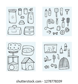 Pet shop concept. Set of vector square cards with domestics animal care symbols in doodle style. 
