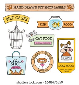 Pet shop concept. Set of vector domestics animal care symbols in doodle style.