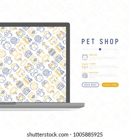 Pet shop concept with thin line icons: cat, dog, collar, kennel, grooming, food, toys. Modern vector illustration, web page template.