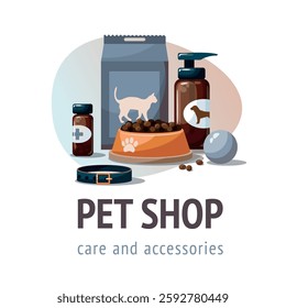 Pet shop concept. Various pet accessories and tools on white background.
