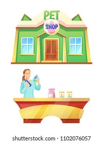 Pet shop and counter collection clinic for animals with doors and windows, woman by desk with packages set, vector illustration isolated on white