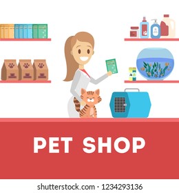 Pet shop counter interior with female worker seller. Food and toy for domestic animal in the store. Dog and cat care. Isolated flat vector illustration