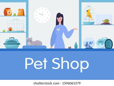 Pet Shop Counter Interior With Female Worker Seller. Food And Toy For Domestic Animal In The Store. Dog And Cat Care. Isolated Flat Illustration