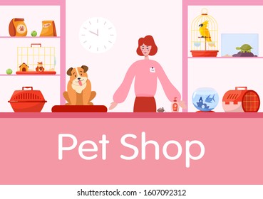 Pet Shop Counter Interior With Female Worker Seller. Food And Toy For Domestic Animal In The Store. Dog And Cat Care. Isolated Flat Illustration