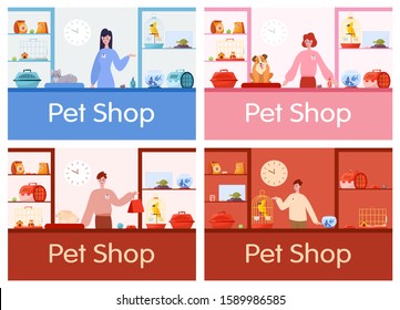 Pet shop counter interior with male and female worker seller. Food and toy for domestic animal in the store. Dog and cat care. Set of isolated flat illustration