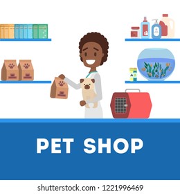 Pet shop counter interior with worker seller. Food and toy for domestic animal in the store. Dog and cat care. Isolated flat vector illustration