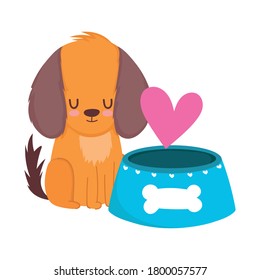 pet shop, cute little dog with bowl food animal domestic cartoon vector illustration