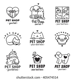 Pet shop cute logos black vector set. Can be used as stickers.