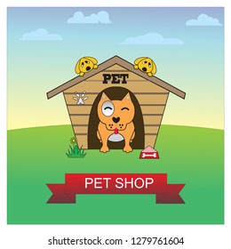 pet shop, cute puppies are happy with their children, can be used for banners, wallpapers, store magazines, cover books, greeting cards, labels, background