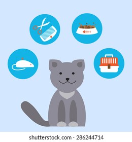 Pet shop design templates in flat style, vector illustration. Set of design elements - Cat with pet food, toy mouse, carrying, comb, scissors.