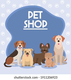 pet shop, different dogs animals domestic poster vector illustration