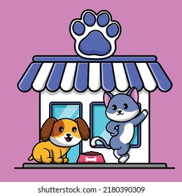 Pet Shop Dog And Cat Cartoon Vector Icon Illustration. Animal Flat Cartoon Concept