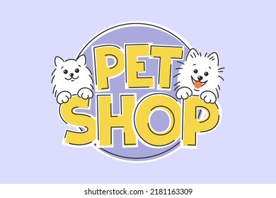 Pet Shop with dog and cat. Design logo store goods and accessories for animals. Vector Illustration