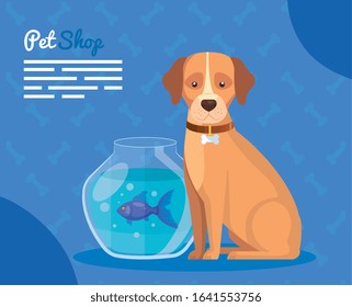 pet shop with dog and fishbowl vector illustration design
