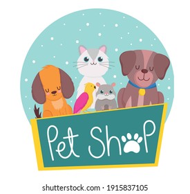 pet shop dog hamster cat parrot animals vector illustration