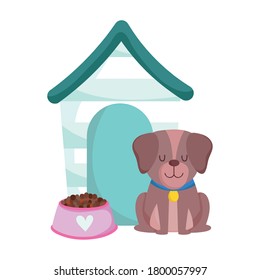 pet shop, dog sitting with food and house animal cartoon vector illustration