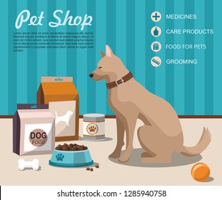 Pet shop. Dog sitting next to pet accessories. Pet shop. Vector Illustration