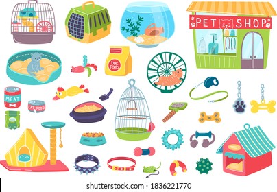 Pet shop for domestic animals care accessory objects and icons set of isolated vector illustrations. Cages, cats houses, bowls, wooden kennel dog-lead toys and brushes and pet shop facade.