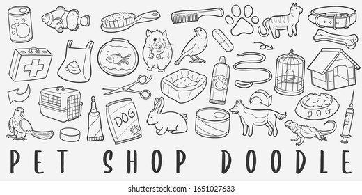 Pet Shop Doodle Line Art Illustration. Hand Drawn Vector Clip Art. Banner Set Logos.