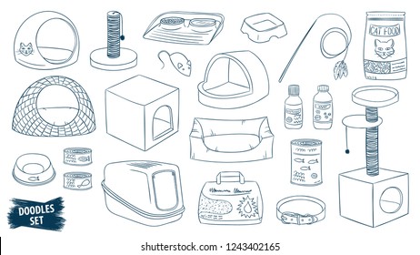 Pet shop doodles set. Cat care products. Veterinary accessories. Cat food. Pet supplies. Kitten care. Litter. Scratching post. Animal. Collar. Litter tray. Cat basket. Kitten. Bowls. Grooming. Kennel.