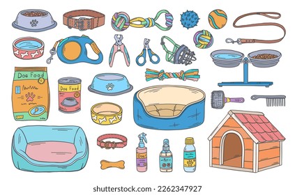 Pet shop doodles set. Dog care products. Veterinary accessories. Dog food bowl. Pet supplies. Puppy toys and treats. Dog collar, leash, muzzle. Grooming supplies. Kennel.