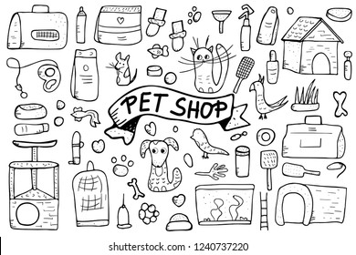 Pet shop elements collection. Set of vector domestics animal care symbols in doodle style. 