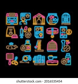 Pet Shop Elements neon light sign vector. Glowing bright icon  Shop Building And Aquarium, Bowl And Collar, Gaming Accessory And Medicaments Illustrations