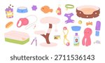 Pet shop elements. Pets accessories, plush and rubber toys. Leash, harness, soft bed, travel water bottle and bowl. Food for cats and dogs, racy vector set