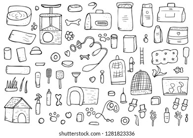 Pet shop elements. Set of vector domestics animal care symbols in doodle style. Sketch black and white design illustration.