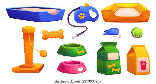 Pet shop equipment and accessories - toilet and soft bed, bags of food and bowls for feeding dogs and cats, cat scratcher and toys. Cartoon vector set of domestic animals care supplies and stuff.