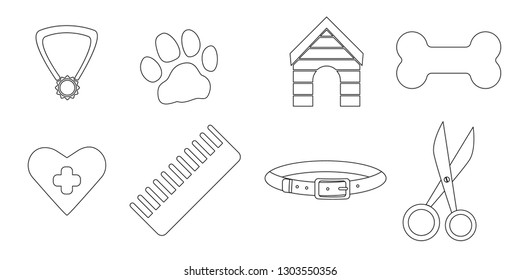 Pet shop equipment icons in outline style. Vector illustration.