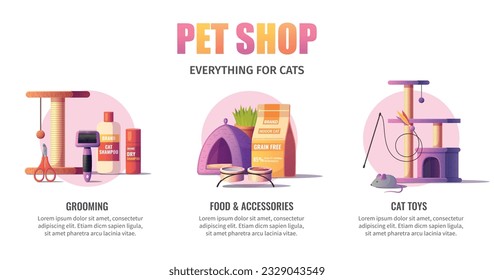 Pet shop everything for cats cartoon infographics with accessories for grooming food and toys vector illustration
