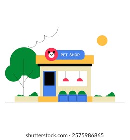 Pet Shop Exterior In Flat Vector Illustration Symbolizing Animal Supplies, Retail, And Community, Isolated On White Background