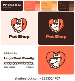 Pet shop filled outline colorful business logo. Brand name. Animal care. Dog silhouette in heart symbol. Design element. Stylish visual identity. Dela gothic one font used. Suitable for grooming salon