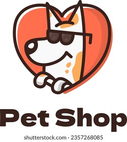 Pet shop filled outline colorful logo. Animal care. Whimsical dog in sunglasses. Heart symbol. Design element. Visual identity. Vector graphic. Perfect for corporate branding, grooming salon