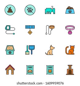 Pet shop filled outline icons set, line vector symbol collection, linear colorful pictogram pack. Signs, logo illustration, Set includes icons as dog, cat, canine food, collar, animal leash, dog house