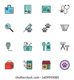 Pet shop filled outline icons set, line vector symbol collection, linear colorful pictogram pack. Signs, logo illustration, Set includes icons as veterinarian bag, injection, certificate, animal paw