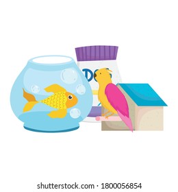 pet shop, fish bird house and package food animal domestic cartoon vector illustration