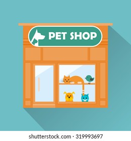 Pet shop flat icon with long shadow, vector. Flat design pet shop facade isolated. Bright shop  facade isolated on white background. Pet store building