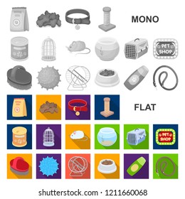 Pet shop flat icons in set collection for design.The goods for animals vector symbol stock web illustration.