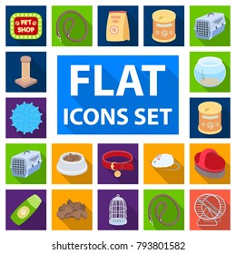 Pet shop flat icons in set collection for design.The goods for animals vector symbol stock web illustration.
