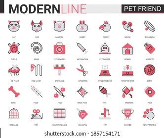 Pet shop flat line icon vector illustration set with outline veterinary symbols for dog cat snake fish mouse hamster rabbit parrot bird pet care vet items, linear food toy for adopted animal