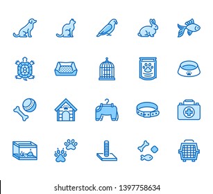 Pet shop flat line icons set. Dog carrier, cat scratcher, bird cage, rabbit, fish aquarium, pets paw, collar vector illustrations. Thin signs for veterinary. Editable Strokes.