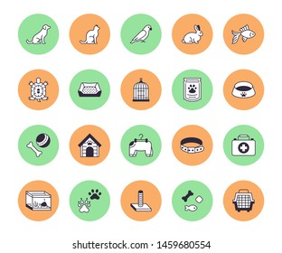 Pet shop flat line icons set. Dog carrier, cat scratcher, bird cage, rabbit, fish aquarium, pets paw, collar vector illustrations. Thin signs for veterinary.