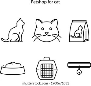 Pet shop flat line icons set, cat scratcher, food cat, icon set of cat, vector illustrations. Thin signs for veterinary. 