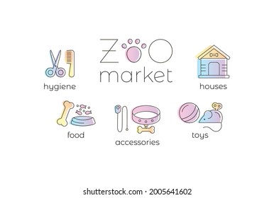 Juego de iconos de línea plana de tienda de mascotas, trazos editables vectoriales con gradiente: higiene, alimentos, accesorios, juguetes, casas